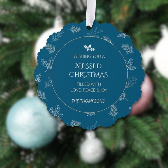 Elegante White Winter Blätter MIstletoe Blue Ornament Karte (Von Creator hochgeladen)