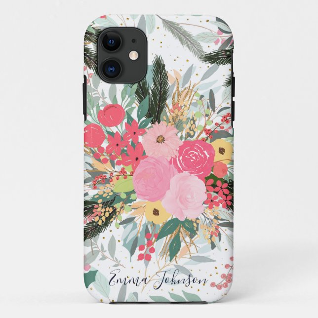Elegante White Winter Floral & Gold Glitzer Punkte Case-Mate iPhone Hülle (Rückseite)