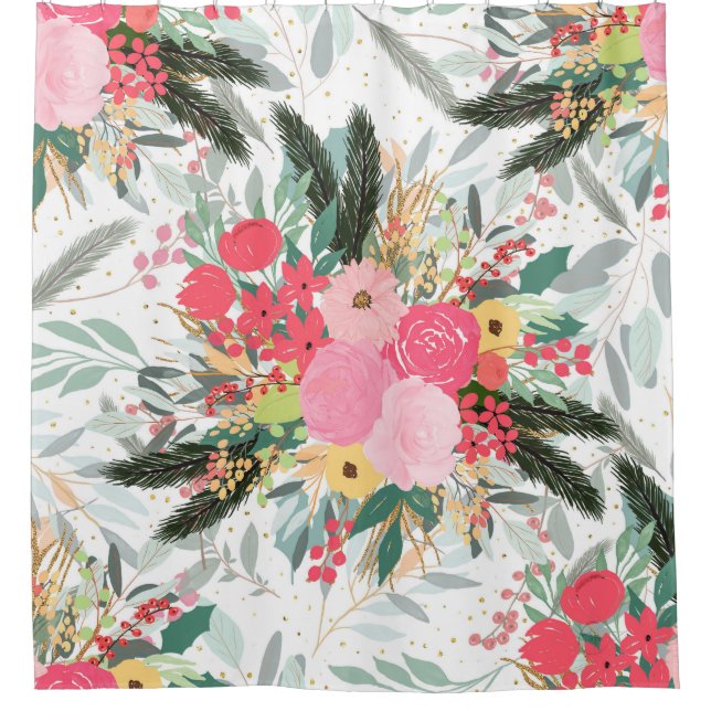 Elegante White Winter Floral & Gold Glitzer Punkte Duschvorhang (Vorderseite)