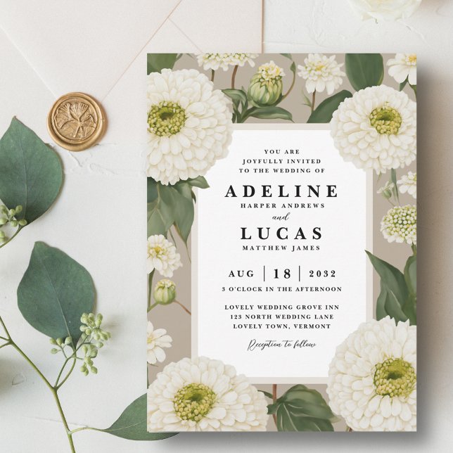 Elegante White Zinnia Blume Elfenbeinblume Hochzei Einladung (White zinnia flower wedding invitation, elegant ivory floral wedding invite, taupe beige sand green)