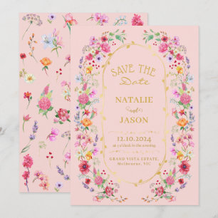 Elegante Wiesenhochzeit mit Wildblumen im Frühling Save The Date