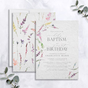 Elegante Wildblume Aquarelltaufe 1. Geburtstag Einladung