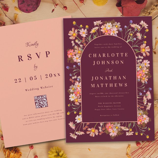 Elegante Wildblume Arch Burgund Hochzeit im Herbst Einladung (Elegant boho wildflower arch burgundy terracotta burnt orange peach fall wedding invitation )