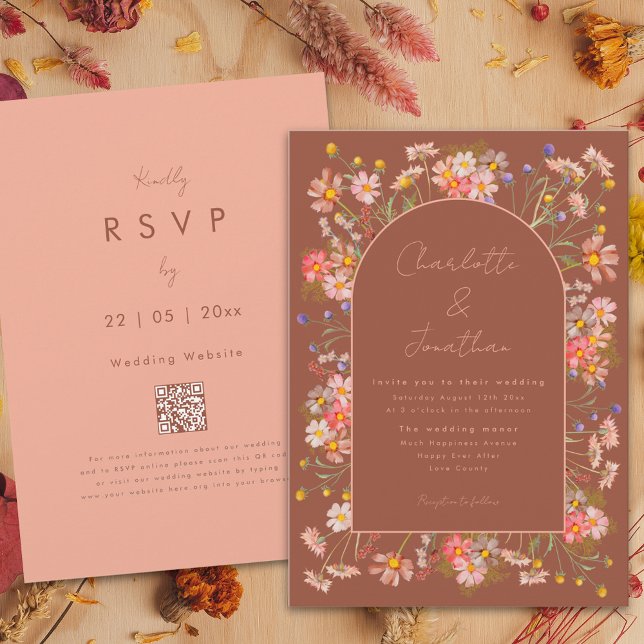 Elegante Wildblume Arch Burnt Orange Hochzeit im H Einladung (Boho chic wildflower burnt orange terracotta fall wedding invitation with wedding website QR code)