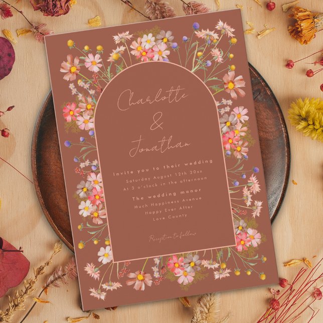 Elegante Wildblume Arch Burnt Orange Hochzeit im H Einladung (Elegant wildflower arch terracotta burnt orange peach fall wedding invitation )