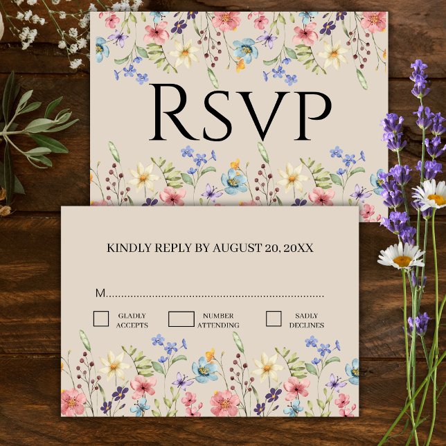 Elegante Wildblume Beige Wedding RSVP Karte (Von Creator hochgeladen)