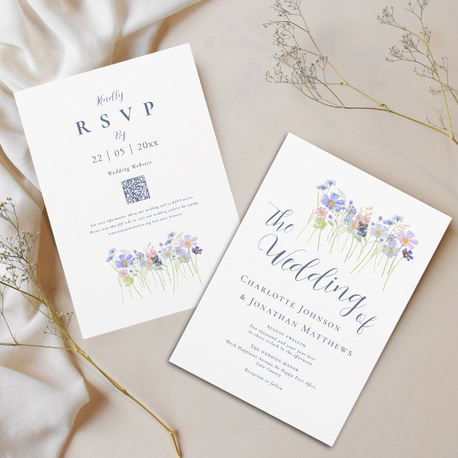 Elegante Wildblume Blau Rosafarben QR Code Einladung (Modern wildflower boho watercolor floral blue pink wedding qr code invitation)