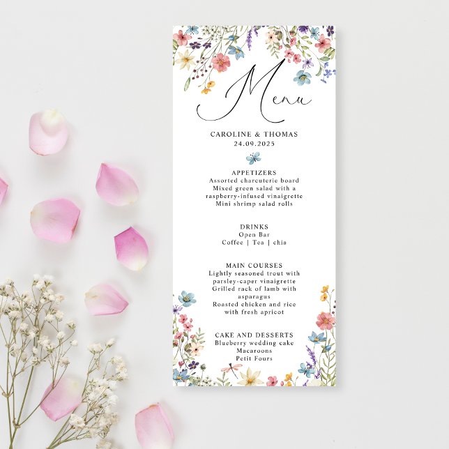 Elegante Wildblume Bloom Script Wedding Menükarte (Von Creator hochgeladen)