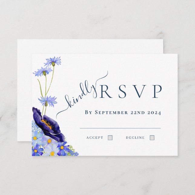 Elegante Wildblume Blue Wedding Response RSVP Karte (Vorne/Hinten)