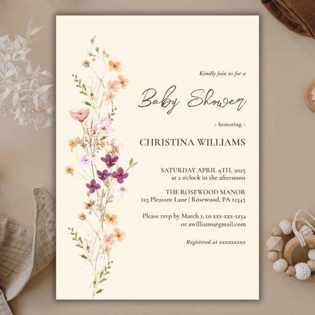 Elegante Wildblume Boho Beige Yellow Baby Shower Einladung (Von Creator hochgeladen)