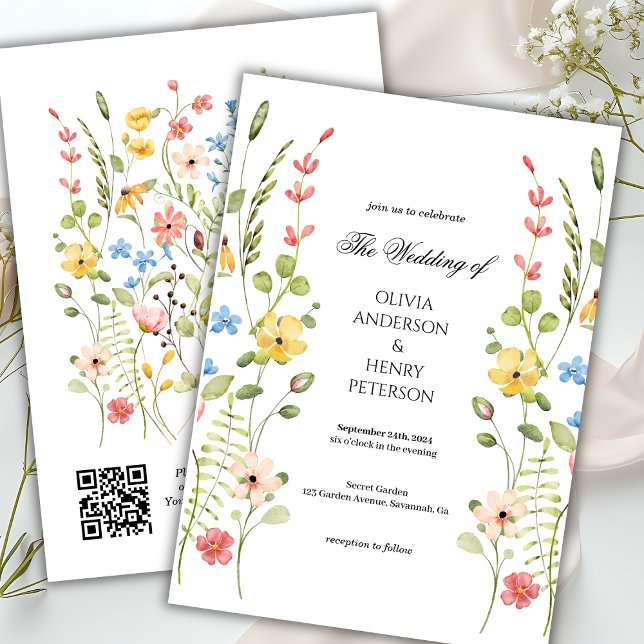 Elegante Wildblume Floral Garden QR Code Hochzeit Einladung (Von Creator hochgeladen)