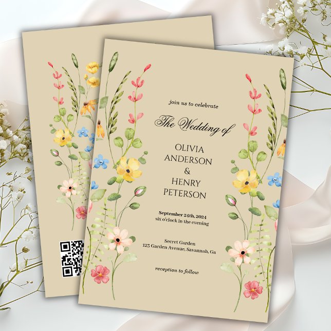 Elegante Wildblume Floral Neutral QR Code Hochzeit Einladung (Von Creator hochgeladen)