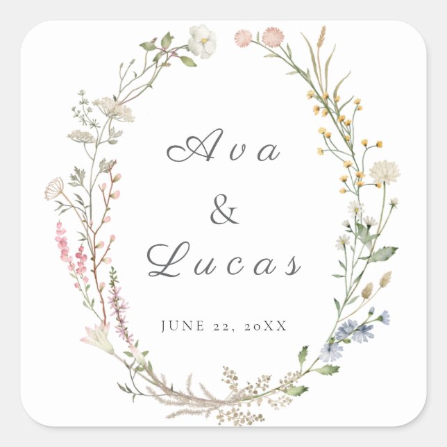 Elegante Wildblume Floral Wedding Garden Grüne Quadratischer Aufkleber (Vorderseite)
