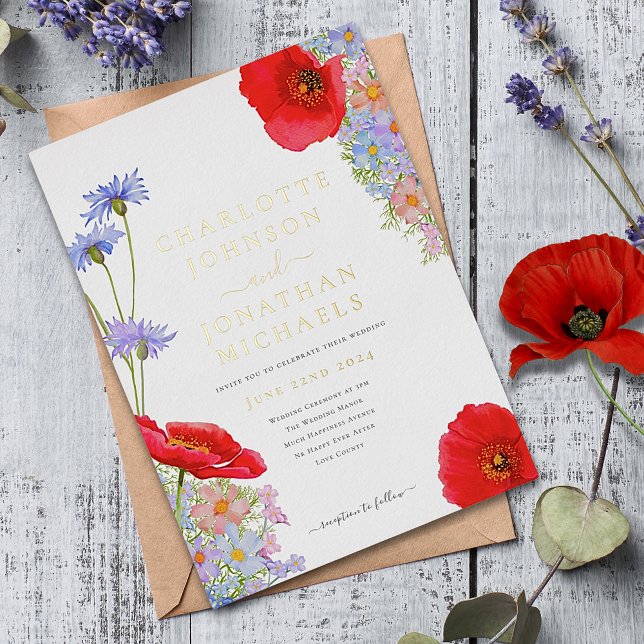Elegante Wildblume Folieneinladung (Colorful wildflowers with red poppy gold foil typography wedding invitation )