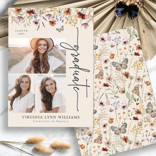 Elegante Wildblume Foto Graduate Ankündigung (Elegant Wildflower Collage Picture Graduate Announcement by Painted Paperie
)