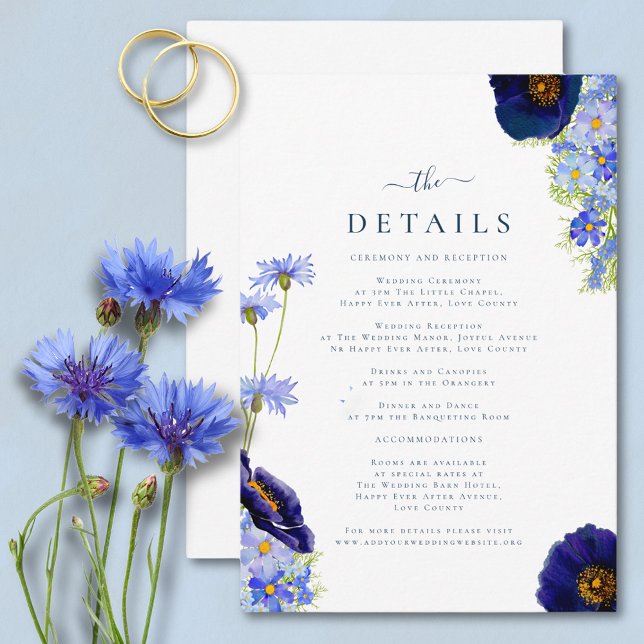 Elegante Wildblume für Hochzeiten Begleitkarte (Elegant wildflower watercolor summer floral blue wedding details card with modern typography script)
