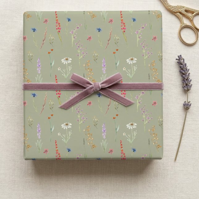 Elegante Wildblume Gartengarten Grün Geschenkpapier (Von Creator hochgeladen)