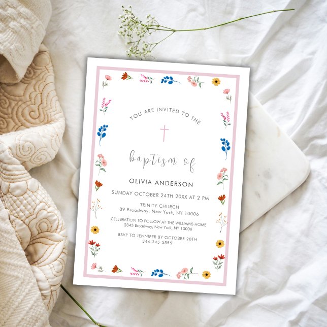 Elegante Wildblume Girl Christening Taufe Einladung (Elegant Wildflower Girl Christening Baptism Invitation)