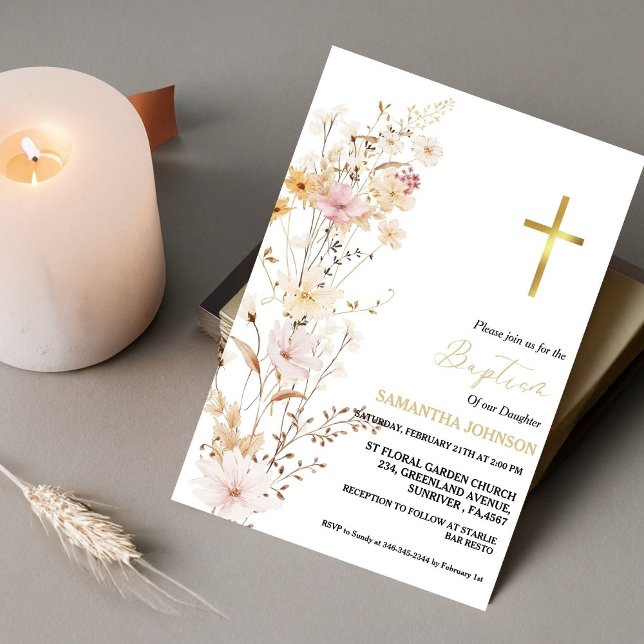 Elegante Wildblume Girl Taufen Christening Einladung (Von Creator hochgeladen)