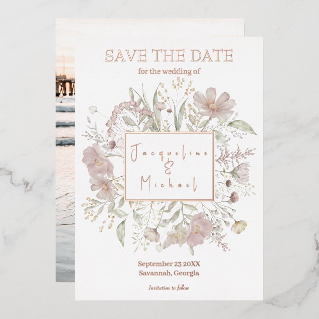 Elegante Wildblume Gold Rose Save the Date Folieneinladung (Vorderseite/Rückseite)