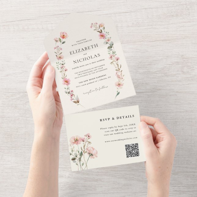 Elegante Wildblume Hochzeit All In One Einladung (Abreißen)