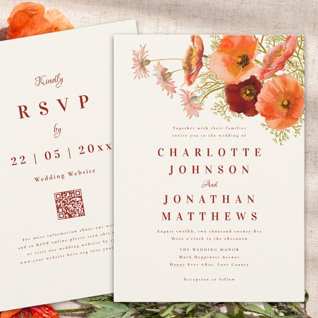 Elegante Wildblume Hochzeit im Herbst Einladung (Elegant wildflower fall wedding invitation burnt orange script and website qr code)