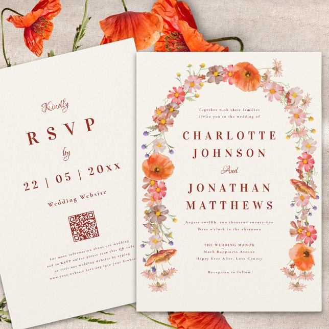 Elegante Wildblume Hochzeit im Herbst Einladung (Boho wildflower arch fall wedding invitation burnt orange elegant script and wedding website qr code)
