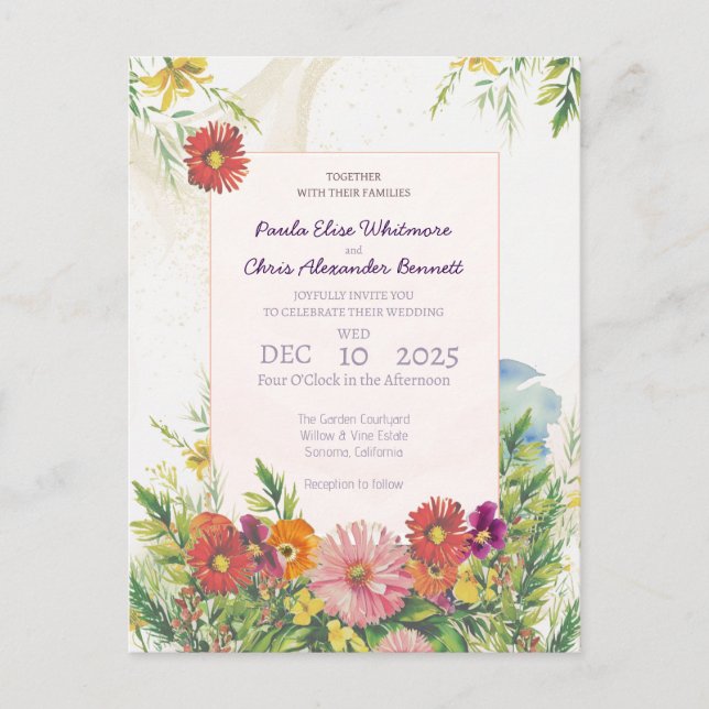 Elegante Wildblume Hochzeit Postkarte (Vorderseite)