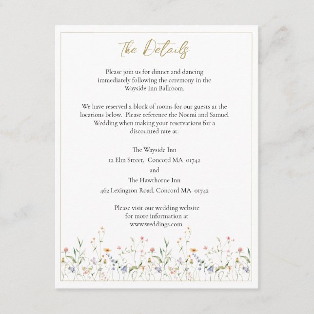 Elegante Wildblume Hochzeiten Details Begleitkarte (Vorderseite)
