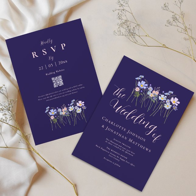 Elegante Wildblume Navy Blau Blush Rosa QR-Code Einladung (Modern wildflower boho watercolor floral navy blue blush pink wedding qr code invitation)