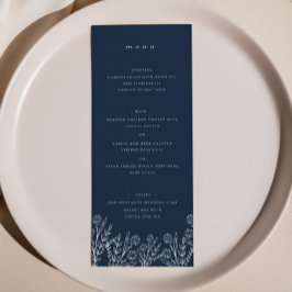 Elegante Wildblume Navy Blue Wedding Dinner Menu Menükarte