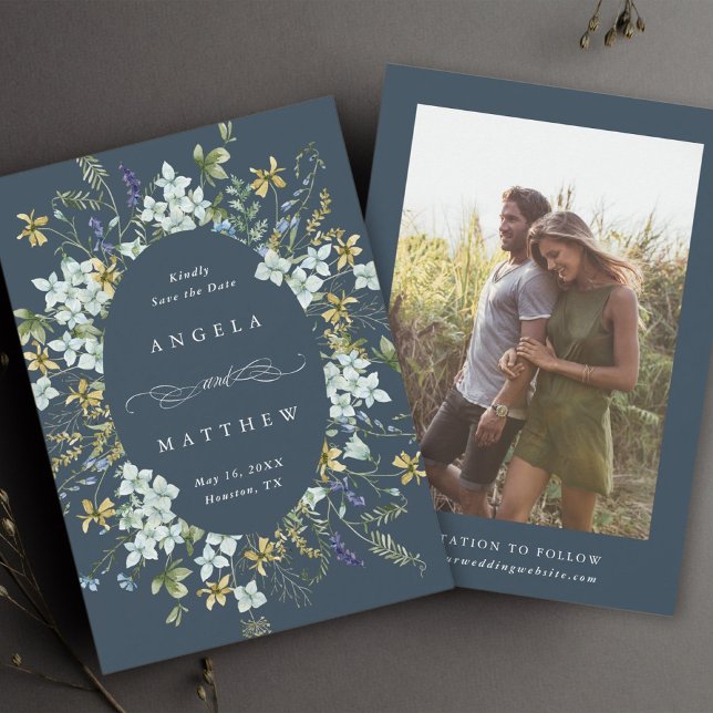 Elegante Wildblume Oval Frame Wedding Foto Navy Save The Date (Von Creator hochgeladen)