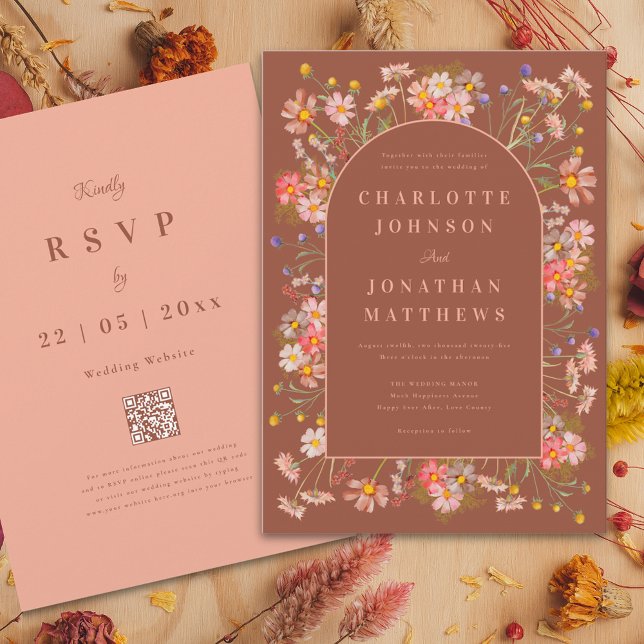 Elegante Wildblume Parco Civico-Ciani Einladung (Elegant arch wildflower burnt Orange terracotta and peach fall wedding invitation )