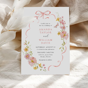 Elegante Wildblume Pink Bow Wedding Einladung
