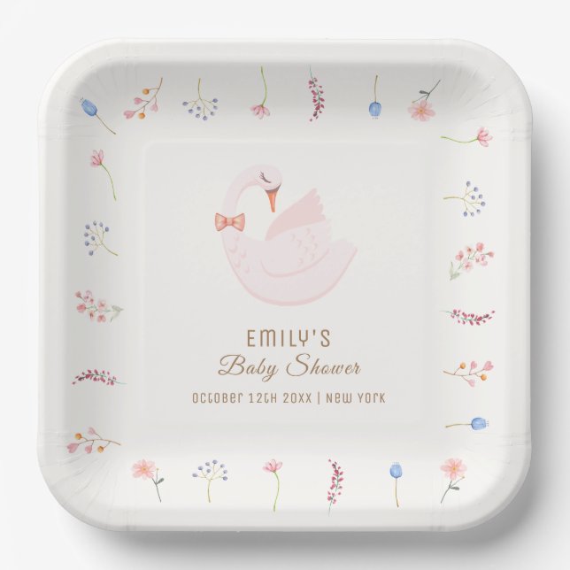 Elegante Wildblume Princess Swan Girl Babydusche Pappteller (Vorderseite)