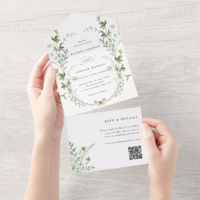 Elegante Wildblume QR Code Hochzeit All In One Einladung (Abreißen)