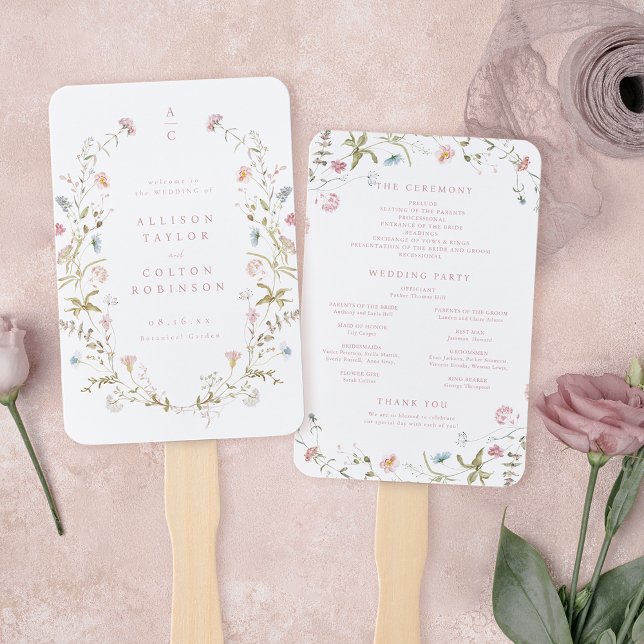 Elegante Wildblume Rustic Boho Hochzeitsprogramm Fächer (Elegant Pink Wildflower Rustic Boho Wedding Program Hand Fan)