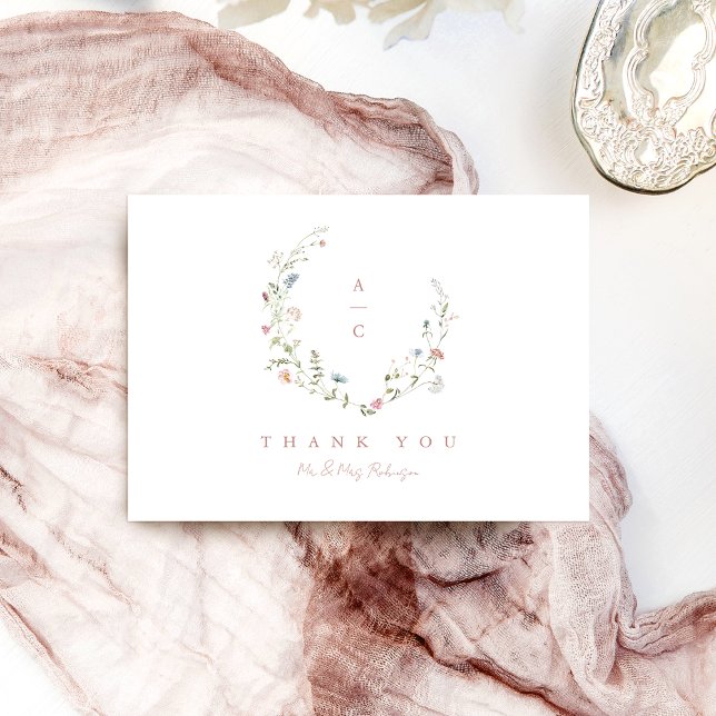 Elegante Wildblume Rustic Boho Wedding Monogramm Dankeskarte (Elegant Wildflower Rustic Boho Wedding monogram Thank You Card)