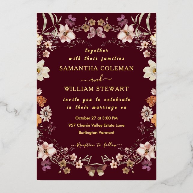 Elegante Wildblume Rustic Burgund Hochzeit Folieneinladung (Vorderseite)