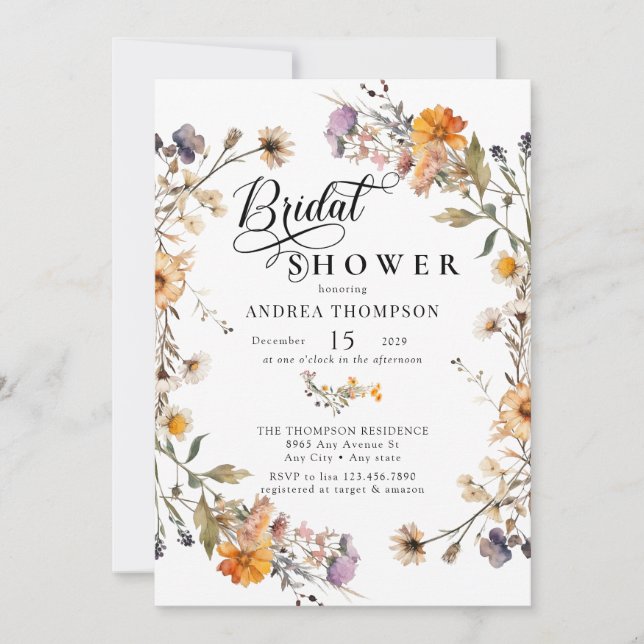 Elegante Wildblume | Skript-Brautparty Einladung (Vorderseite)