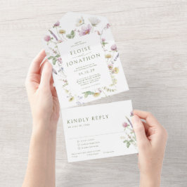 Elegante Wildblume Soft Pastel Botanische Hochzeit All In One Einladung