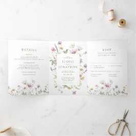 Elegante Wildblume Soft Pastel Botanische Hochzeit Dreifach Gefaltete Ankündigung