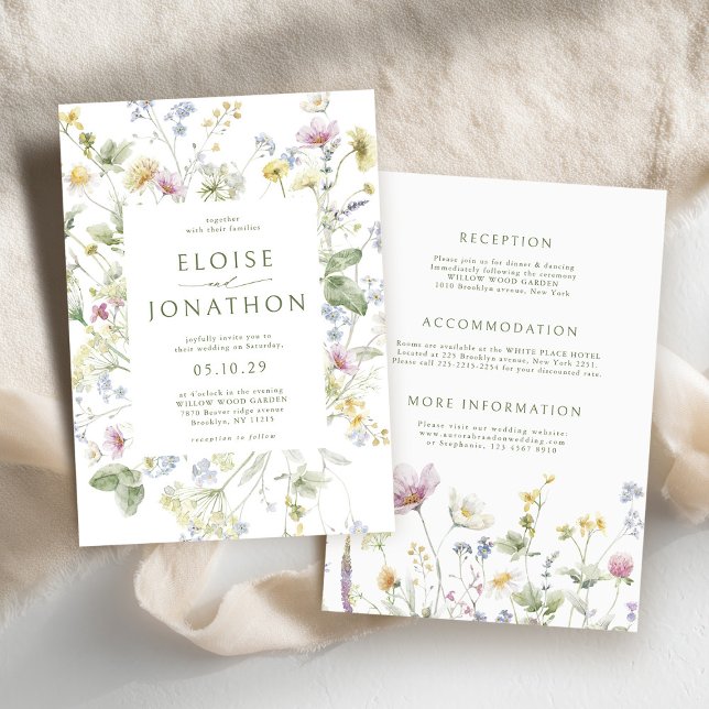 Elegante Wildblume Soft Pastel Botanische Hochzeit Einladung (Elegant Soft Pastel Wildflower Botanical Wedding Invitation with details on back)