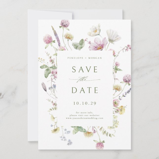 Elegante Wildblume Soft Pastel Botanische Hochzeit Save The Date (Vorderseite)