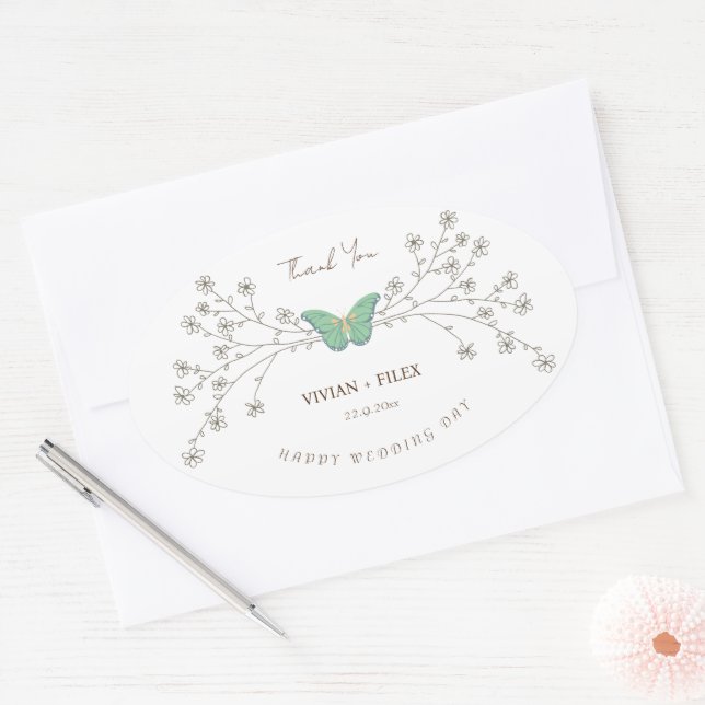 Elegante Wildblume und Schmetterling Danke Ovaler Aufkleber (Umschlag)