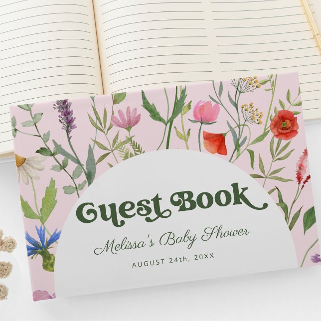 Elegante Wildblume Wasserfarbe Rosa Kinderdusche Gästebuch (baby shower guest book)