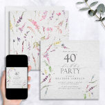 Elegante Wildblume Wasserfarben am 40. Geburtstag Einladung<br><div class="desc">Moderne,  elegante Vierzigerjahre-Einladung (altersgerecht editierbar) mit Aquarellmotiven in sanften Farbtönen wie Rosa,  Lila und Lavendel,  Gelb,  Blues und zarten grünen botanischen Blätter. Personalisieren Sie Ihre Details in weichem Offschwarz,  betont durch schöne moderne handgeschriebene Kalligraphie. Kontaktieren Sie den Designer für weitere Produkte. Copyright Elegant Invites,  alle Rechte vorbehalten.</div>
