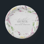 Elegante Wildblume Wasserfarbenes Brautparty Pappteller<br><div class="desc">Dieses trendige Brautparty-Papierteller mit Aquarellmotiven in sanften Farbtönen wie Rosa, Lila und Lavendel, Gelb, Blues und zartem grünem botanischem Blätter ist ein einzigartiges Design. Personalisieren Sie Ihre Brautparty-Details in weichem Offschwarz, betont mit einer schönen modernen handgeschriebenen Kalligraphie. Teil einer koordinierten Suite. Die vollständige Sammlung finden Sie hier: https://www.zazzle.com/collections/elegant_wildflower_watercolor_floral_bridal_shower-119635760261893795 Kontakt Designer...</div>