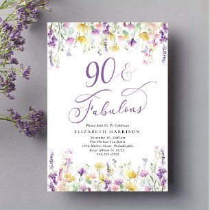 Elegante Wildblume Watercolor 90. Geburtstagsparty Einladung