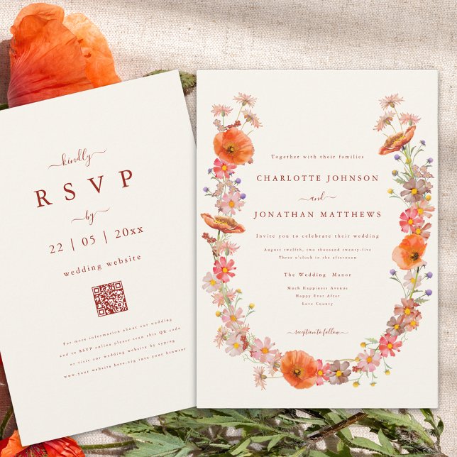 Elegante Wildblume Wreath Hochzeit im Herbst Einladung (boho wildflower wreath fall wedding invitation with elegant burnt orange script and qr code)
